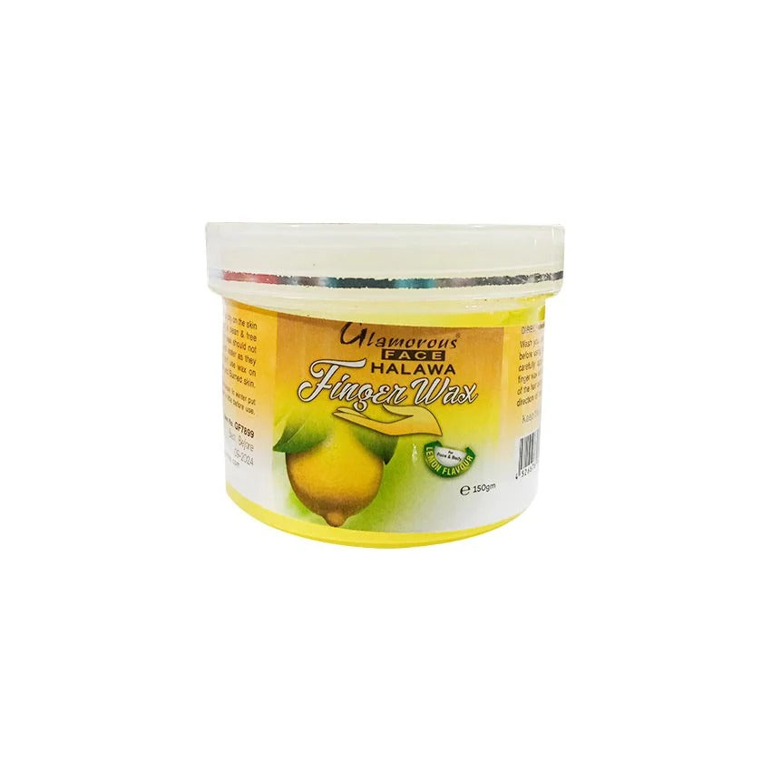 Jar of Halawa Finger Wax with lemon and kiwi graphics on a white background