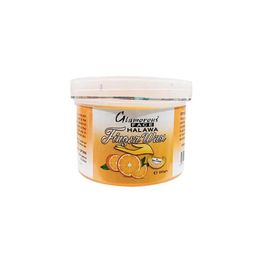 Jar of glamorous face Hawaii finger wax with orange design on a white background