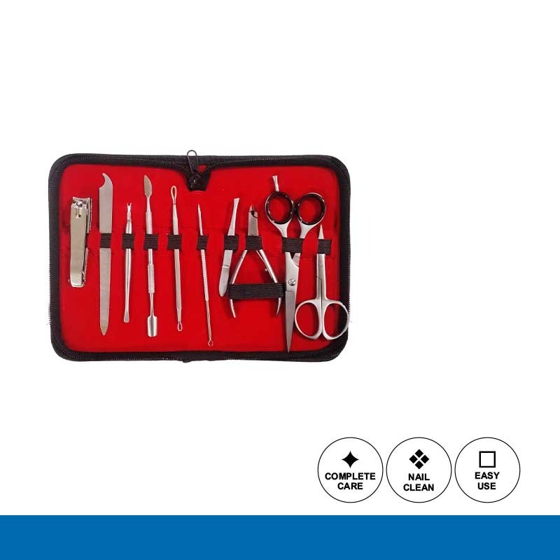 Set of manicure and pedicure tools in a red case on a white background