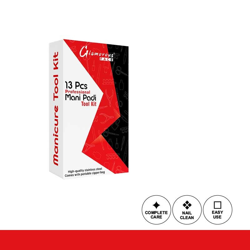 Manicure tool kit packaging with red and black design on a white background