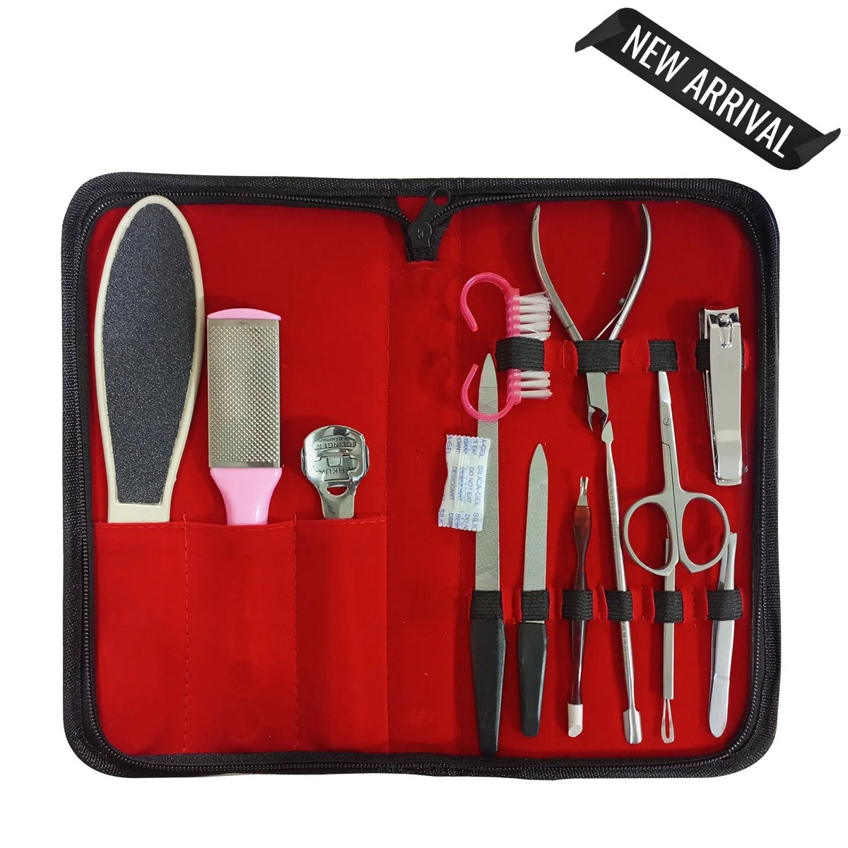 Set of nail care tools in a red case with a 'New Arrival' label.