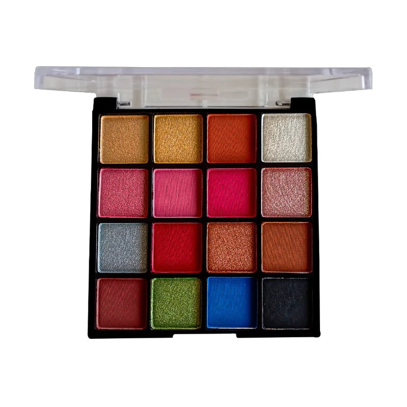 Makeup eyeshadow palette with various colors on a white background