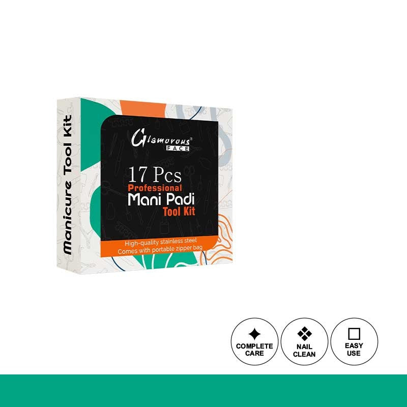 Manicure tool kit packaging with colorful design on a white background