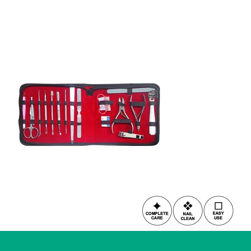 Manicure set with tools in a red case on a white background