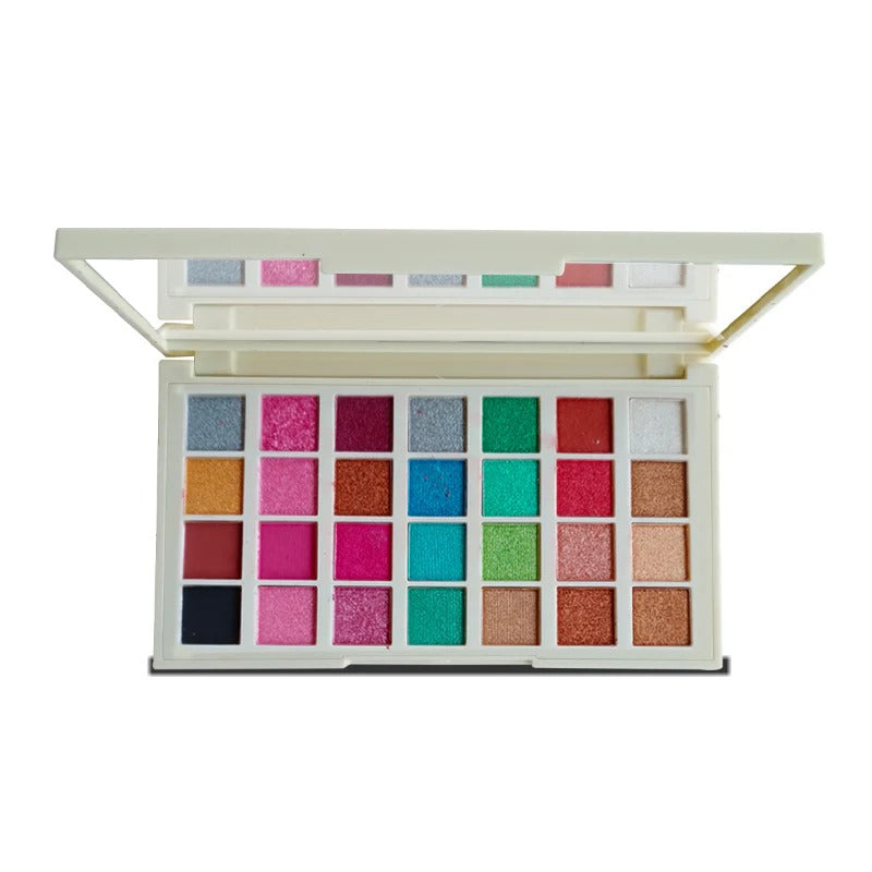 Makeup palette with various colorful shades on a white background
