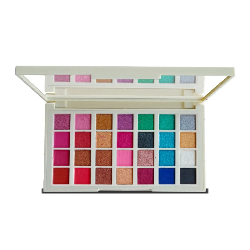 Makeup palette with various colorful shades on a white background