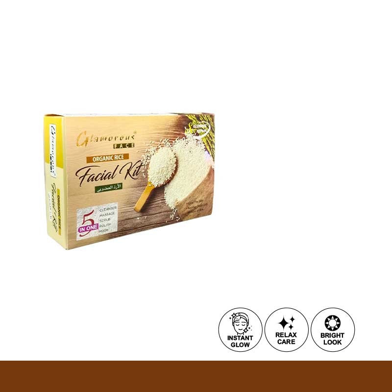 Facial kit packaging with icons indicating benefits on a white background