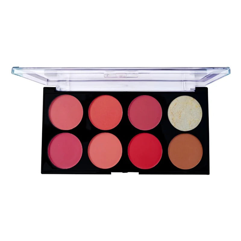 Makeup palette with various shades of pink and red on a white background