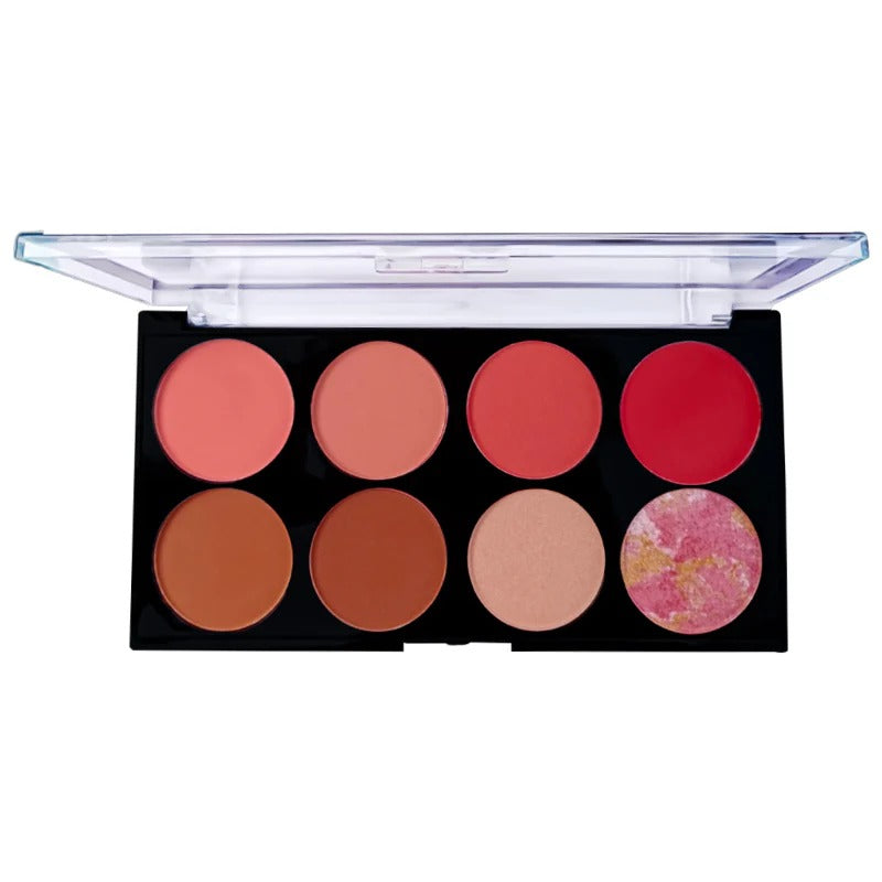 Makeup palette with various shades of blush on a white background