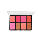 Makeup palette with pink and orange shades on a white background