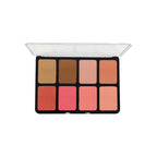 Makeup palette with various shades of blush and bronzer on a white background