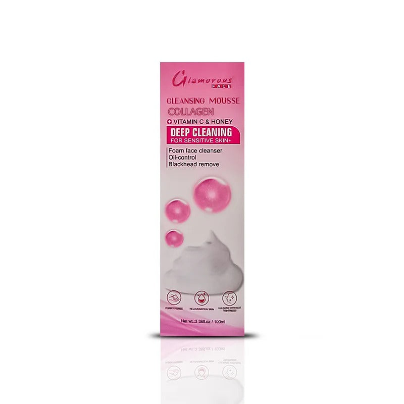 Glamorous Plus cleansing mousse packaging with pink and white design on a white background