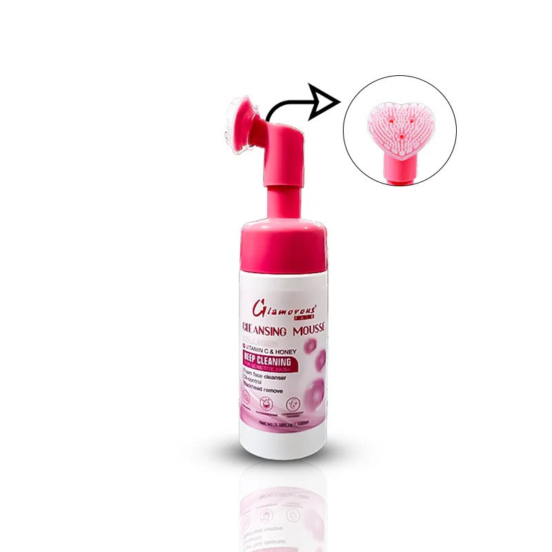 Pink bottle of Glamorous cleansing mousse with a close-up inset showing the nozzle.