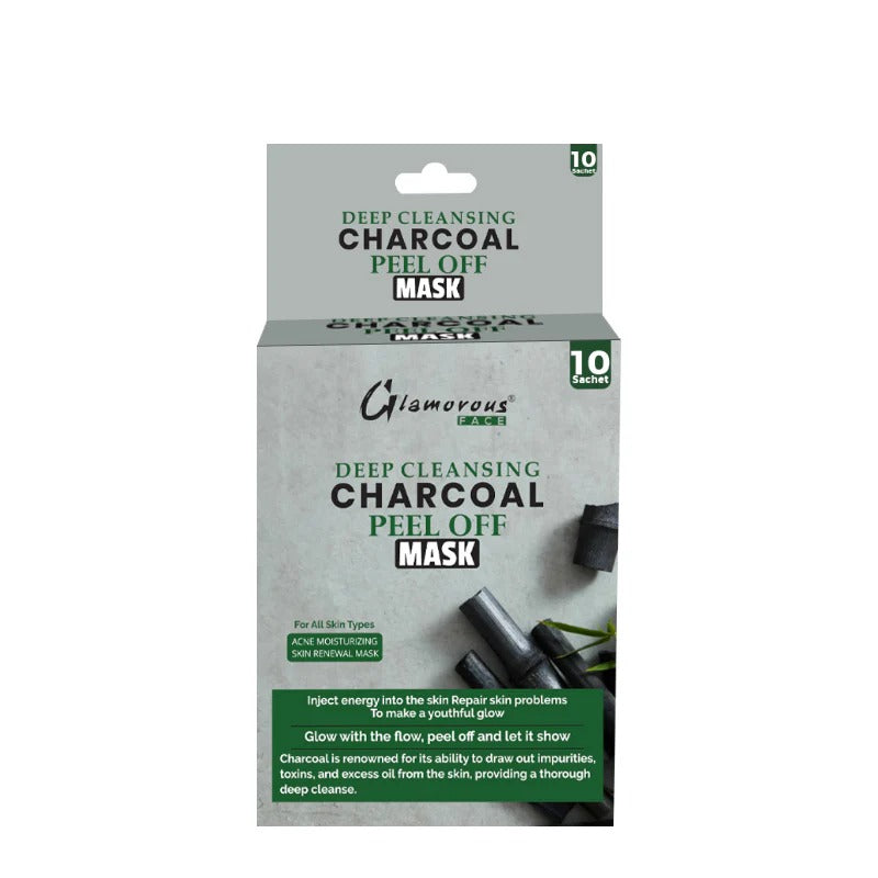 Packaging of a deep cleansing charcoal peel off mask with text on a white background