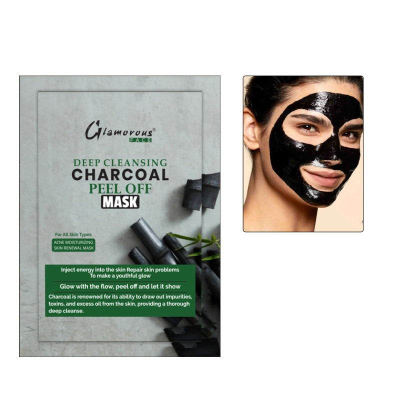 Glamorous Face Deep Cleansing Charcoal Peel Off Mask packaging with a person wearing the mask.