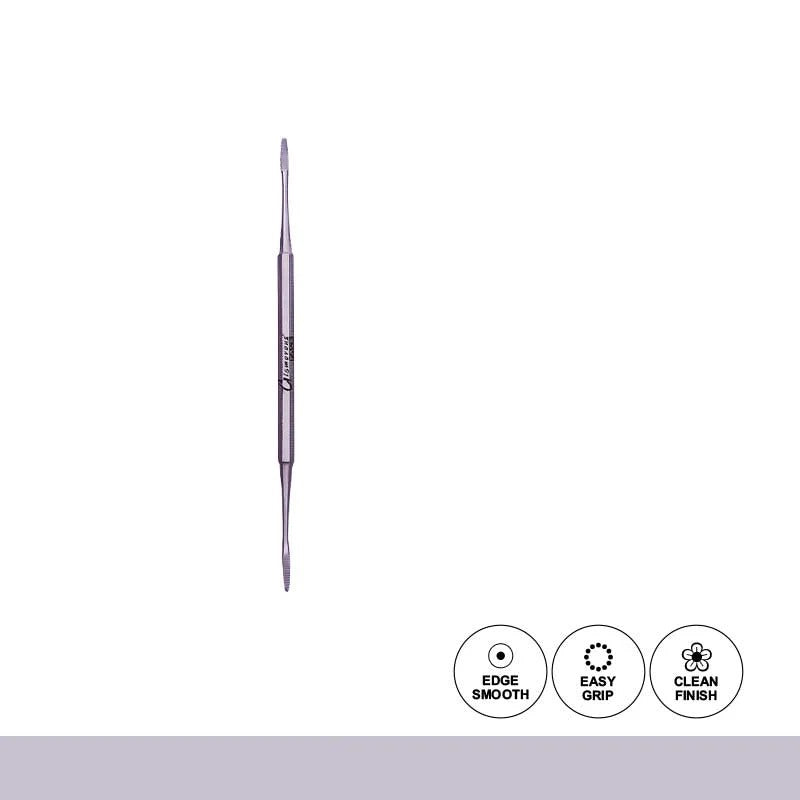 Makeup brush with features labeled on a white background