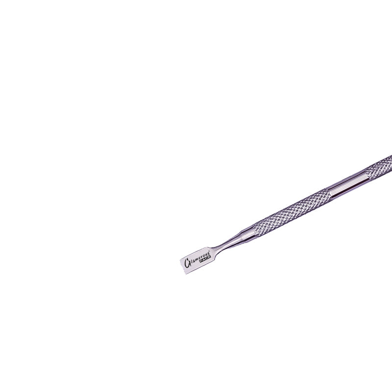 Metallic tool with textured handle on a white background