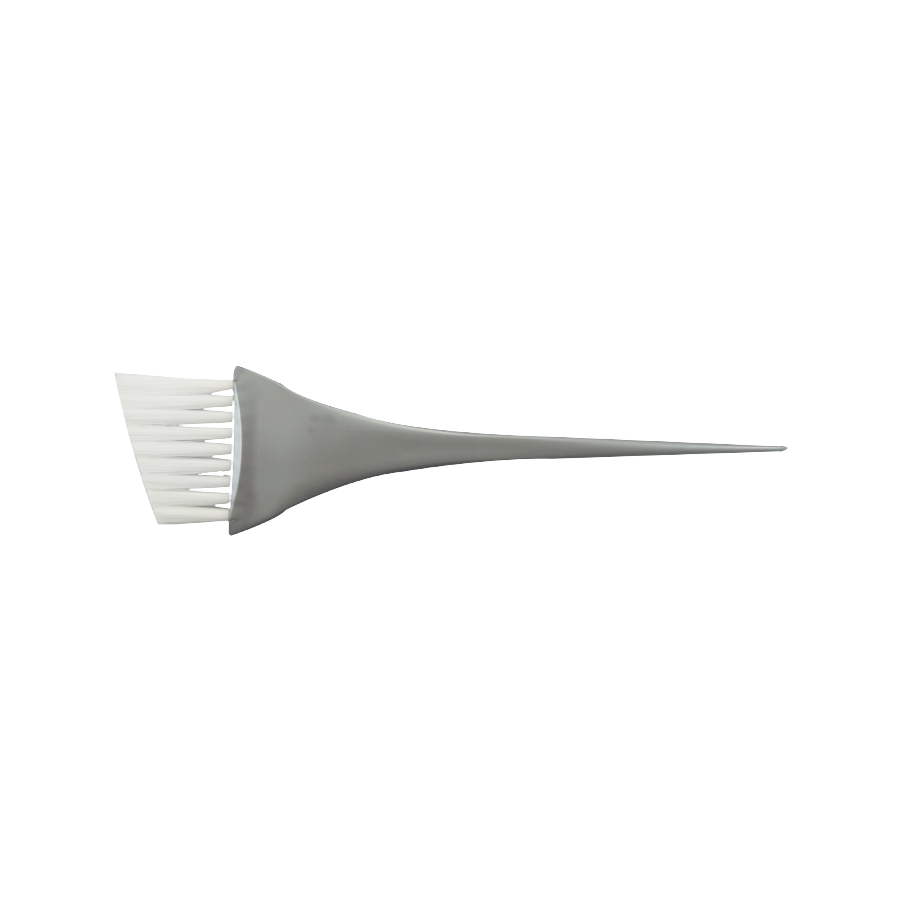 Gray hair dye brush with white bristle head on a white background