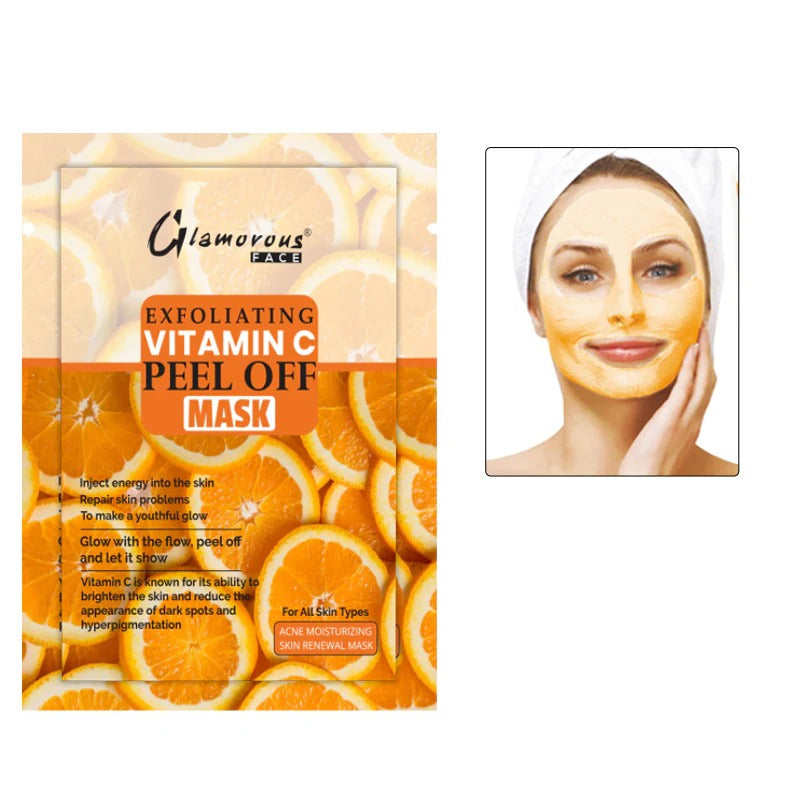 Glamorous Face Exfoliating Vitamin C Peel Off Mask packaging with a woman wearing the mask on a white background