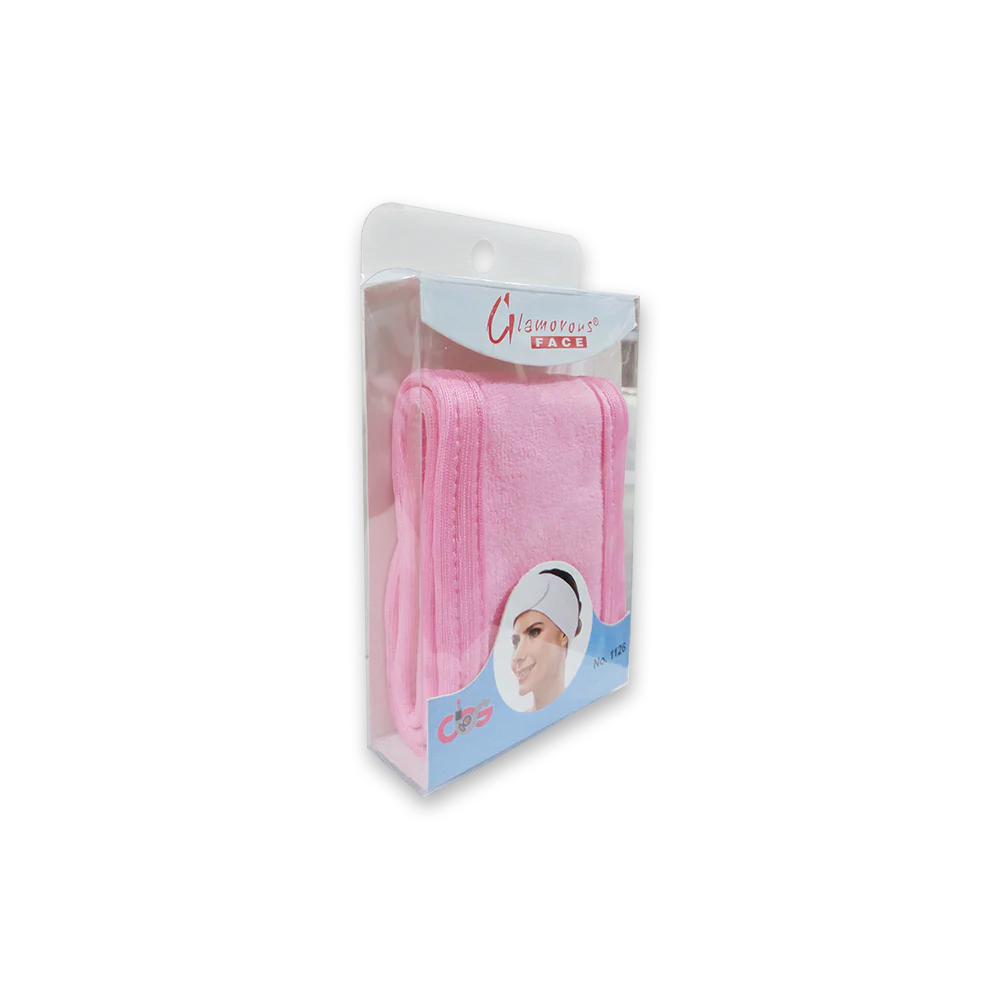 Pack of pink face masks in a clear packaging with branding on a white background