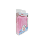 Pack of pink face masks in a clear packaging with branding on a white background