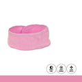 Pink hairband with icons indicating daily use, soft fabric, and hair hold on a white background.