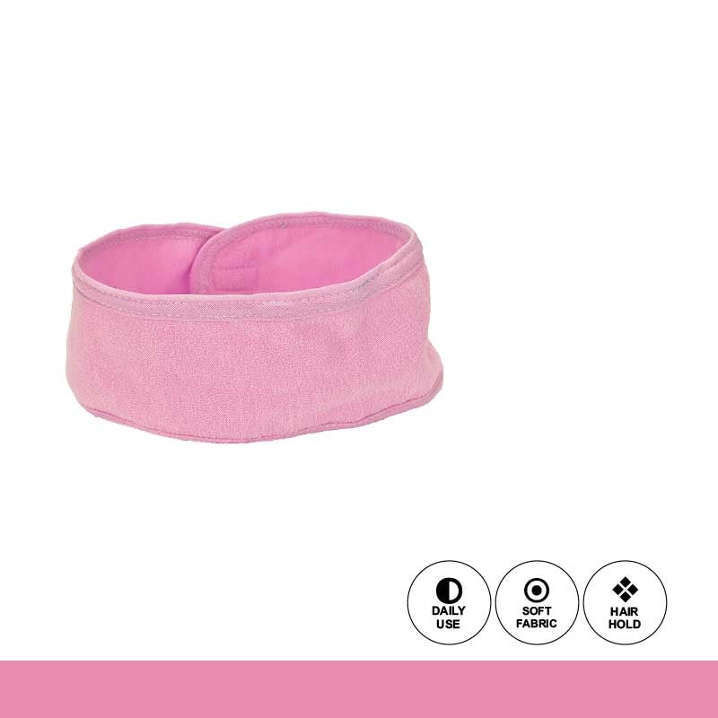 Pink hairband with icons indicating daily use, soft fabric, and hair hold on a white background.