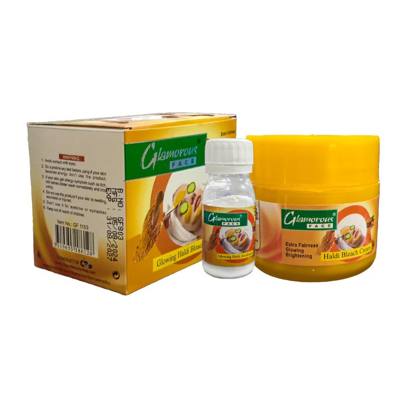 Glamoreux Haldi Pack with a bottle and yellow container on a white background