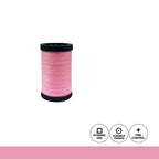 Spool of pink thread with icons indicating hygienic use, durable thread, and fine control on a white background.