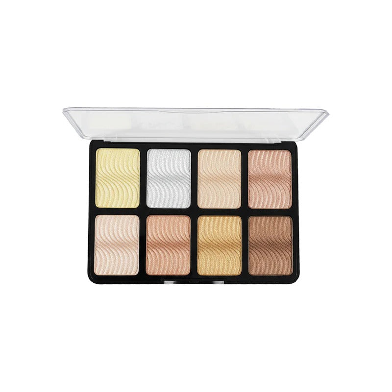 Makeup palette with various shades on a white background