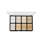 Makeup palette with beige and white shades on a white background