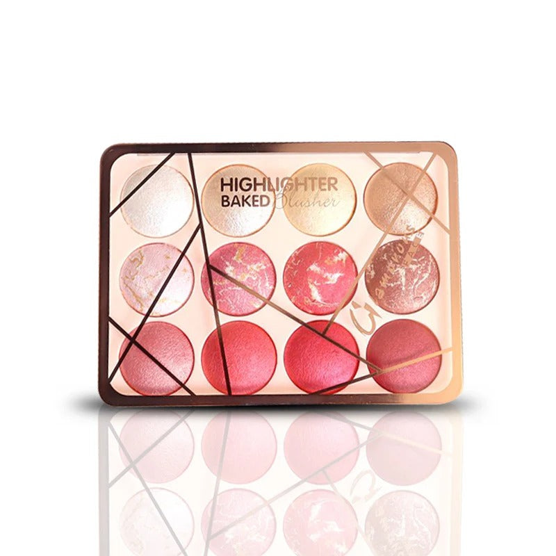 Makeup palette with various shades of pink and gold on a white background