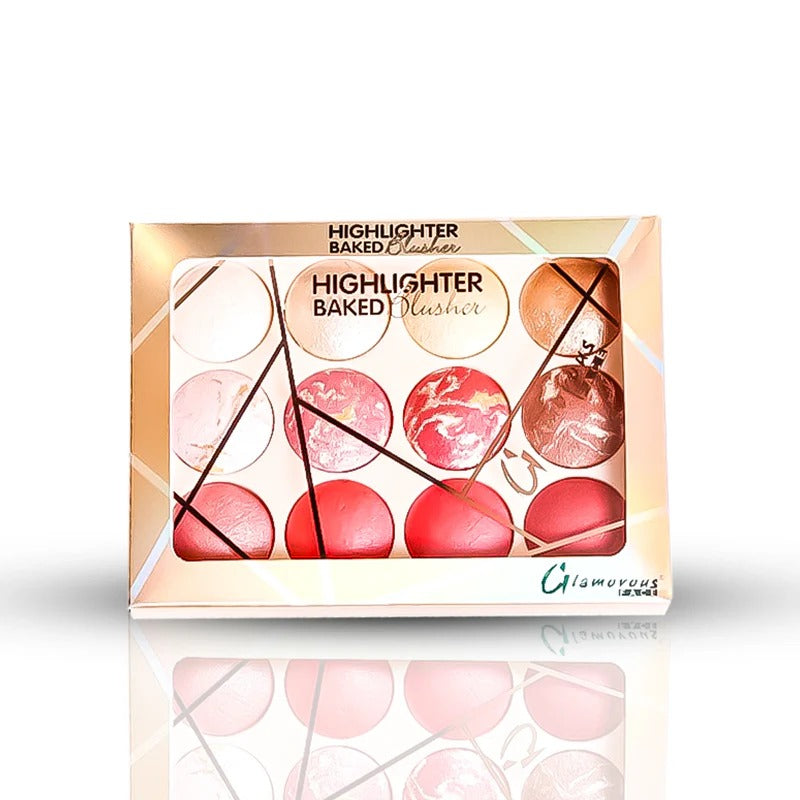 Glamorous highlighter and blusher set packaging on a white background