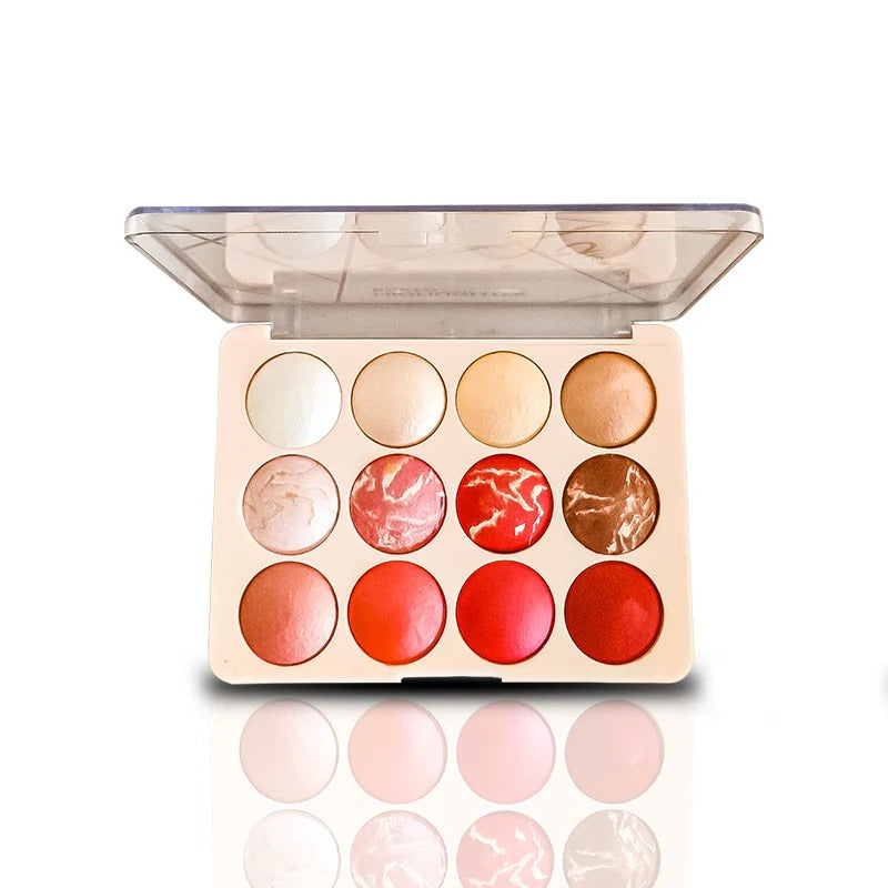 Makeup palette with various shades of makeup on a white background