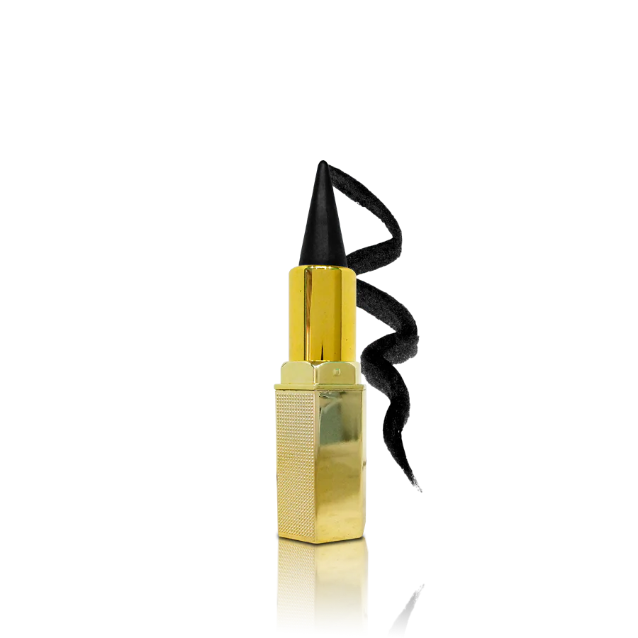 Gold lipstick with black wick on a white background