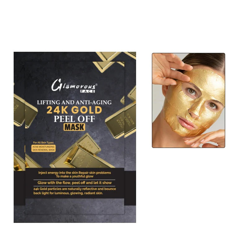 Glamorous Face 24K Gold Peel Off Mask packaging with a person wearing the mask.