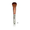 Makeup brush with bronze ferrule and silver handle on a white background