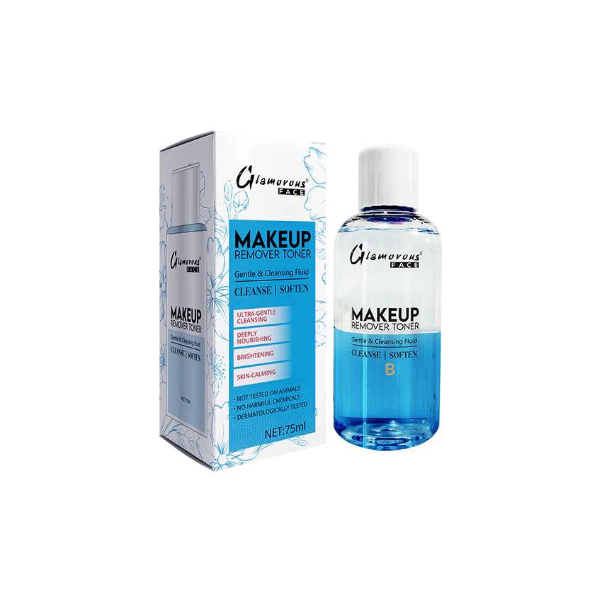 Glamorous makeup remover toner bottle and packaging on a white background