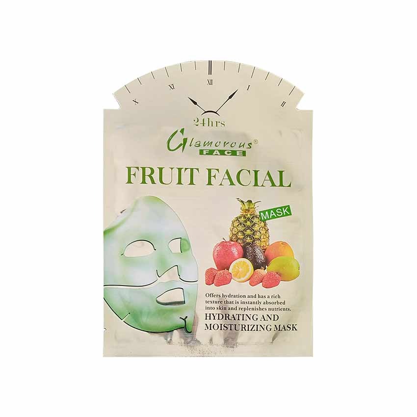 Glamorous Fruit Facial mask packaging with fruit illustrations on a white background