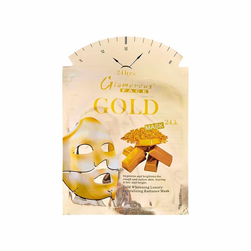 Gold face mask packaging with text on a white background