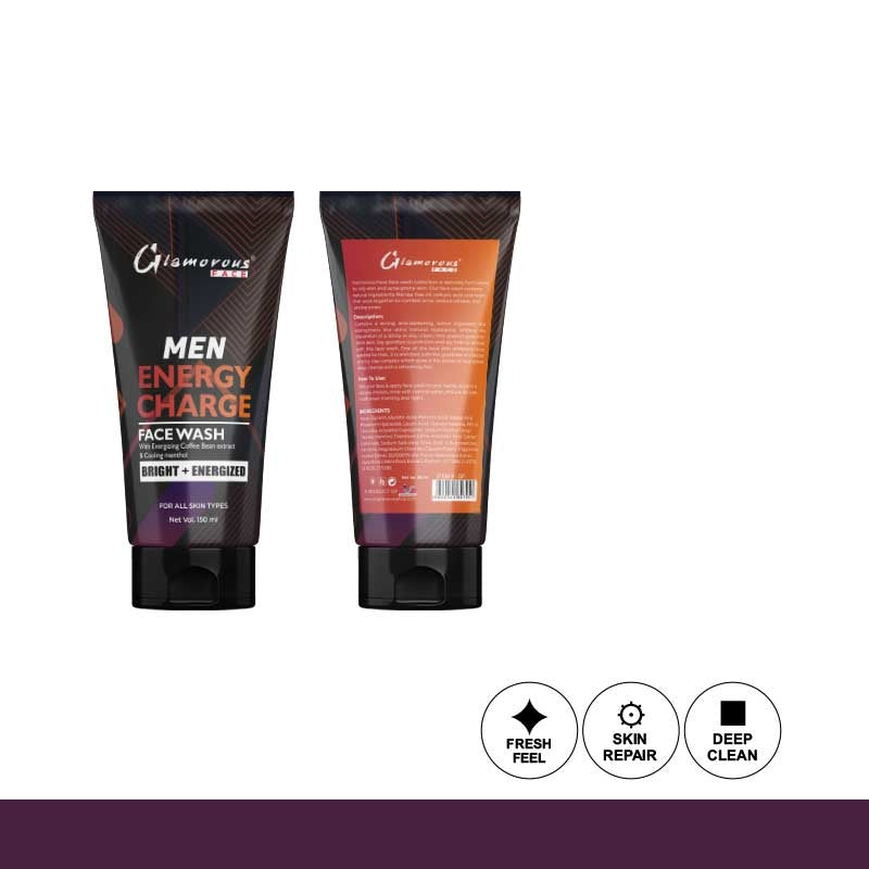 Two bottles of Glamorous Face Men Energy Charge Face Wash - Brightening & Energizing Deep Clean Formula on a white background