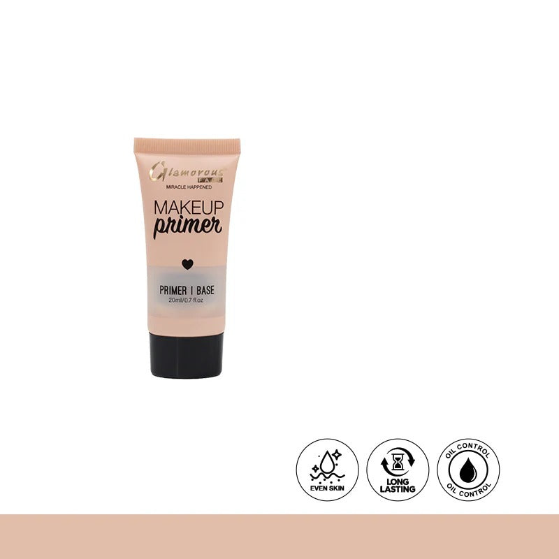 Makeup primer tube with brand logo and product features on a white background