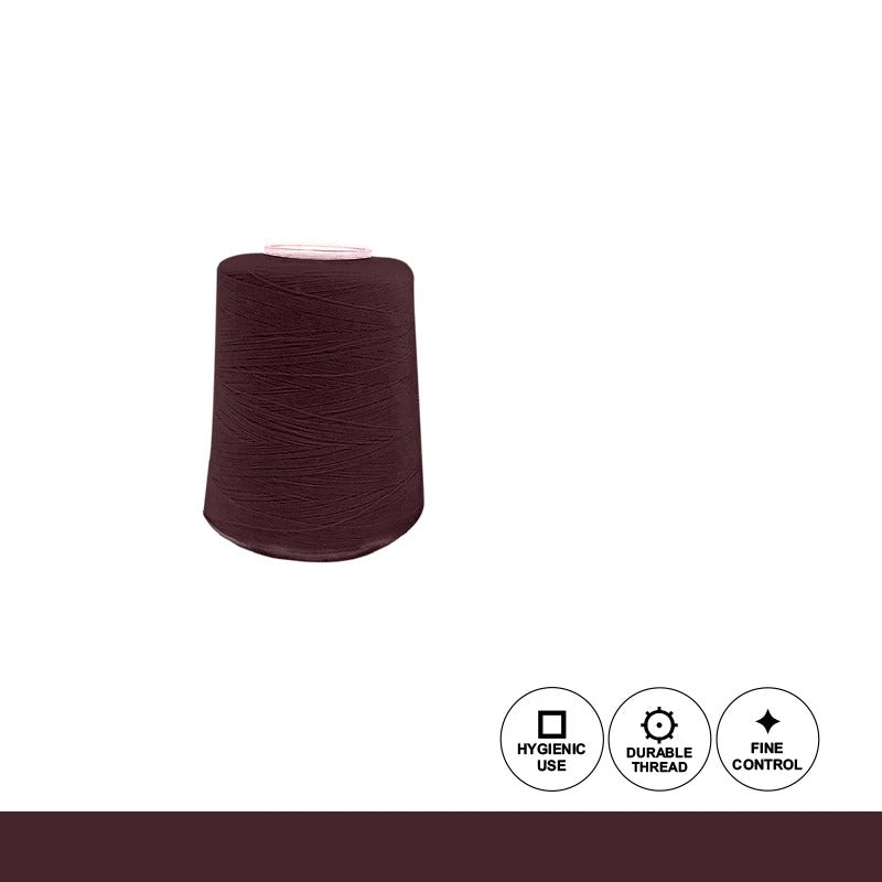 Spool of dark brown thread on a white background with icons indicating hygienic use, durable thread, and fine control.