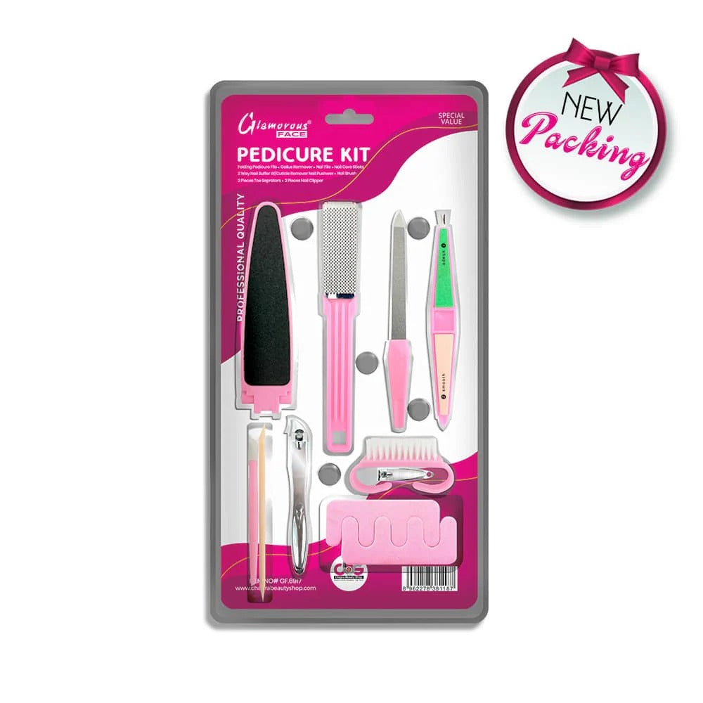 Glamorous Pedicure Kit packaging with tools on a white background