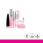 Set of nail care tools with pink handles on a white background