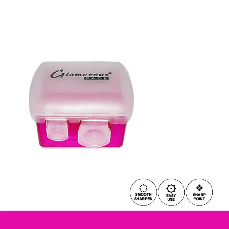 Pink and clear pencil sharpener with 'Glamorous Face' branding on a white background.