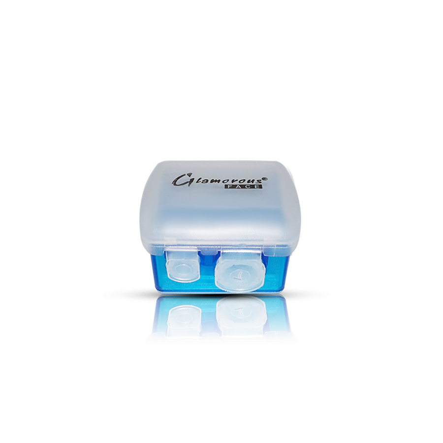 Small blue and clear container with a brand logo on a white background