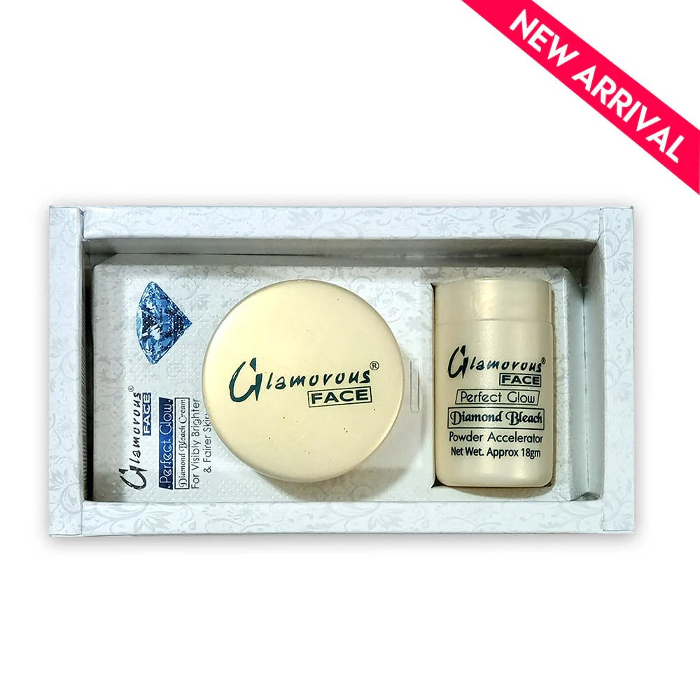 Two skincare products in a box with 'Glamorous Face' branding, labeled 'Perfect Glow' and 'Diamond Bleach'.