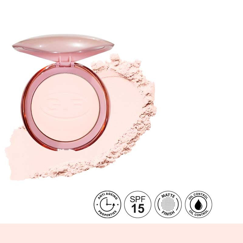 Compact powder with a pink case on a white background, featuring SPF 15 and matte finish icons.