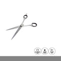 Hair scissors with icons indicating balanced grip, clean finish, and sharp cut on a white background.